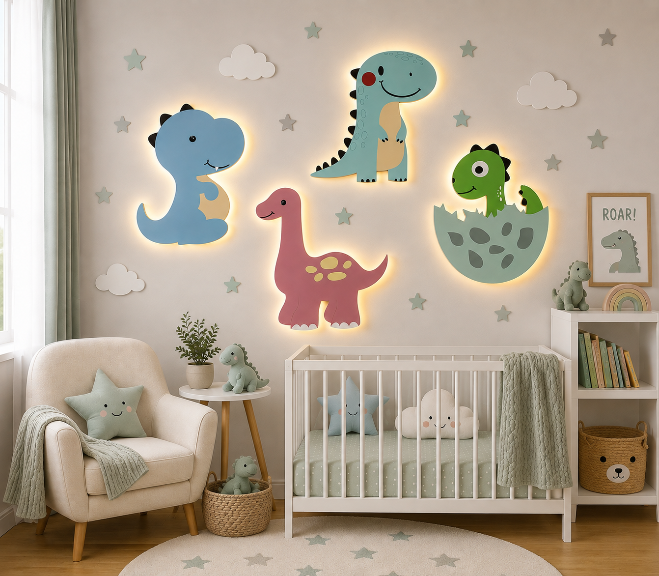 Little Dino World Wall Nursery Night Lamp: Handmade Nursery Decor